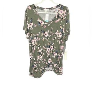 Nine Britton Levie Knot Front Knit Tee Top Olive Green Floral NWT